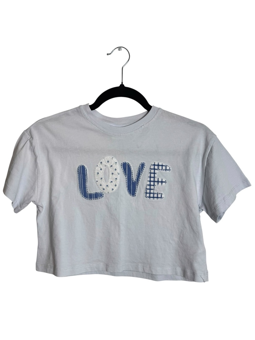 Zara Girls “Love” Patchwork Appliqué Embroidered Cropped Graphic Tee Blue